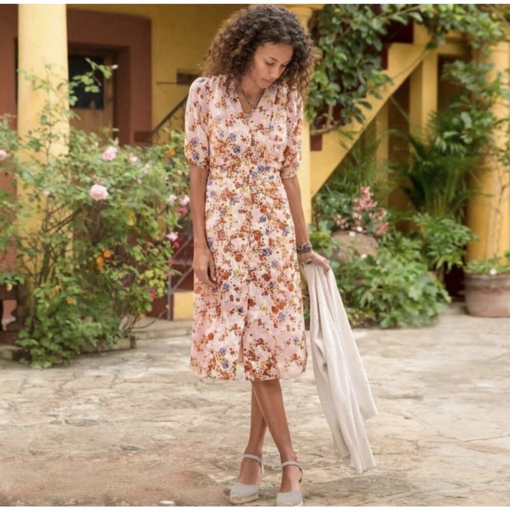 Sundance Catalog Sonora Bloom Peach Floral Button Front 100% Silk Dress Size 16